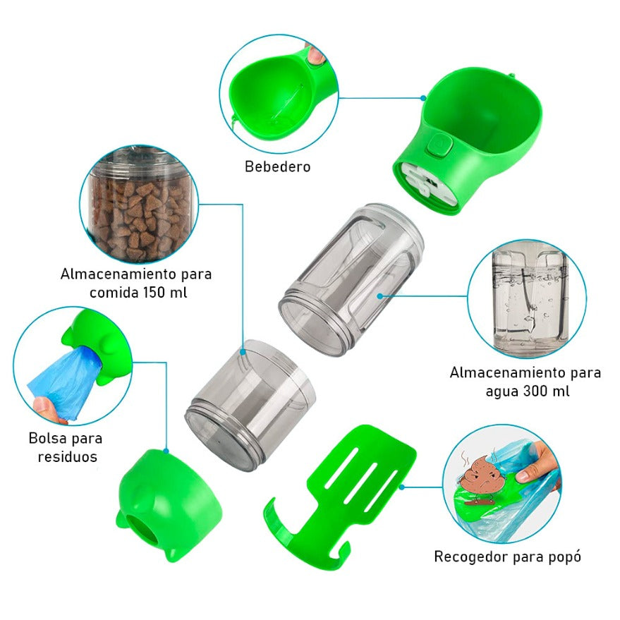 Botella Portátil Multifuncional 4 en 1 para Mascotas + ¡Rodillo Quita Pelusa GRATIS!